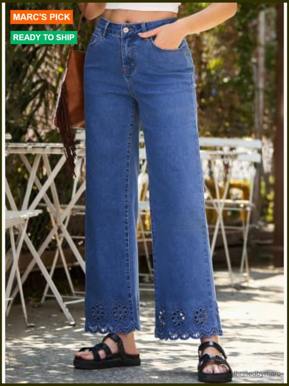 Wide Leg Embroidered Jeans High Waisted Stretchy Straight Loose Fit Ankle Denim - Picture 5 of 7